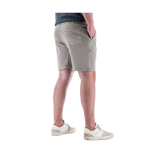Light gray pull-on knit shorts with back pocket, worn on a model from the rear
