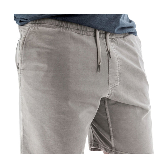 Light gray pull-on knit shorts with elastic waistband, drawstring, and side pockets