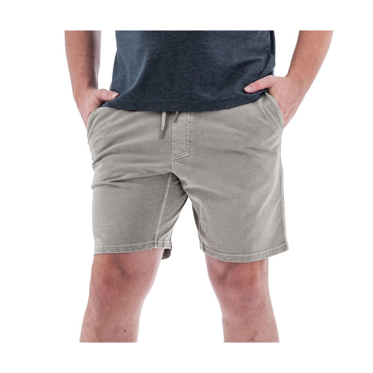 Light gray pull-on knit shorts with side pockets, worn with a dark T-shirt