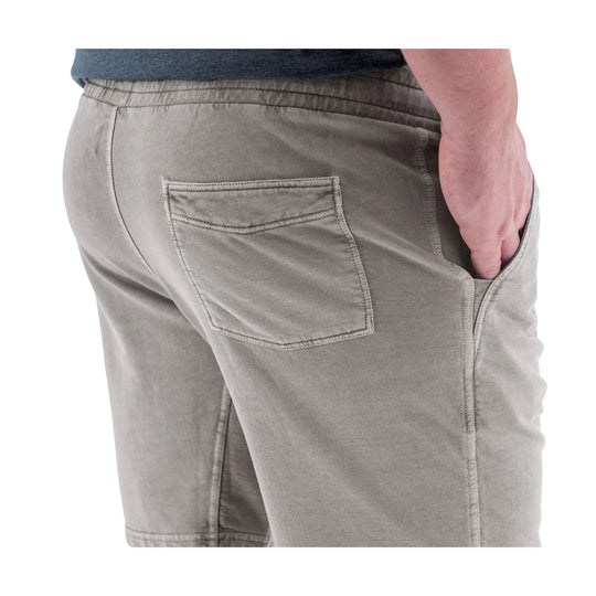 Light gray pull-on knit shorts shown from the back, with a rear patch pocket and side hand pocket.