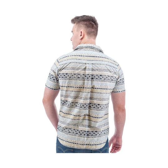 Men’s short-sleeve patterned button-up shirt shown from the back