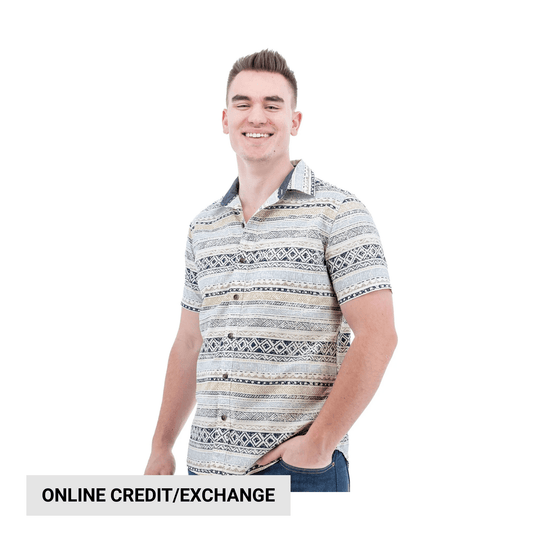 Man wearing a short-sleeve patterned button-up shirt with horizontal stripes