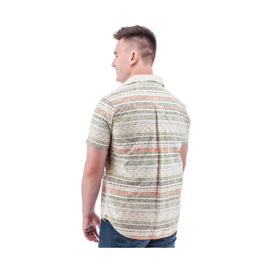 Short-sleeve patterned button-up shirt shown from the back