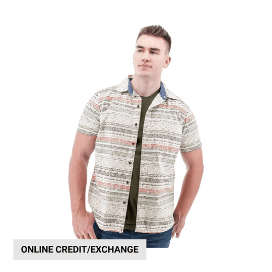 Short-sleeve patterned button-up shirt over an olive T-shirt