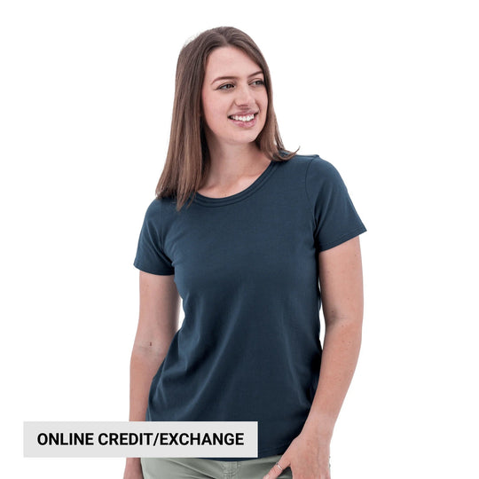 Dark navy short-sleeve crewneck T-shirt on a woman, with an "ONLINE CREDIT/EXCHANGE" banner