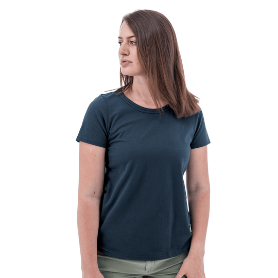 Dark navy short-sleeve crewneck T-shirt on a woman, shown front view