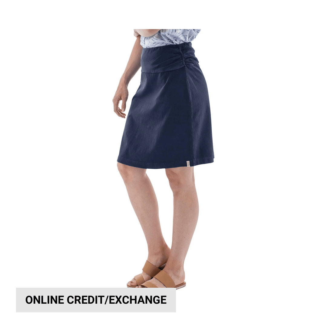 Navy knee-length skirt on a model with tan sandals