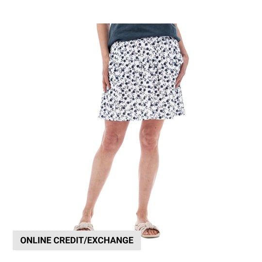 White floral pull-on skirt on a model