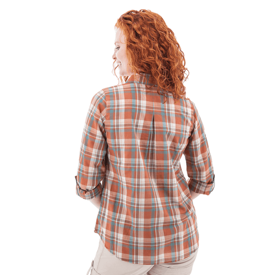 Plaid long-sleeve button-up shirt shown from the back, with rolled cuffs