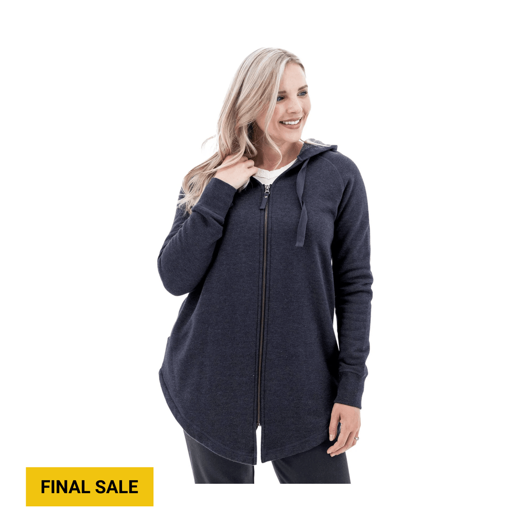 Woman modeling a dark zip-front hooded fleece jacket with drawstrings