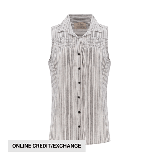 Light gray and white striped sleeveless button-front collared top