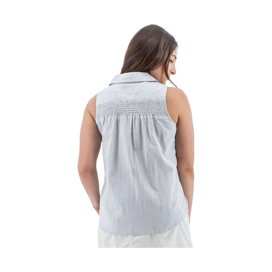 Light blue sleeveless button-front blouse shown from the back