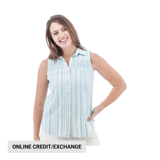 Light blue striped sleeveless button-front tank top on a model