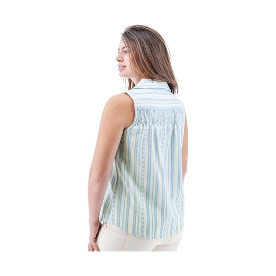 Light blue and white striped sleeveless tank top with a shirred back panel, shown from the back
