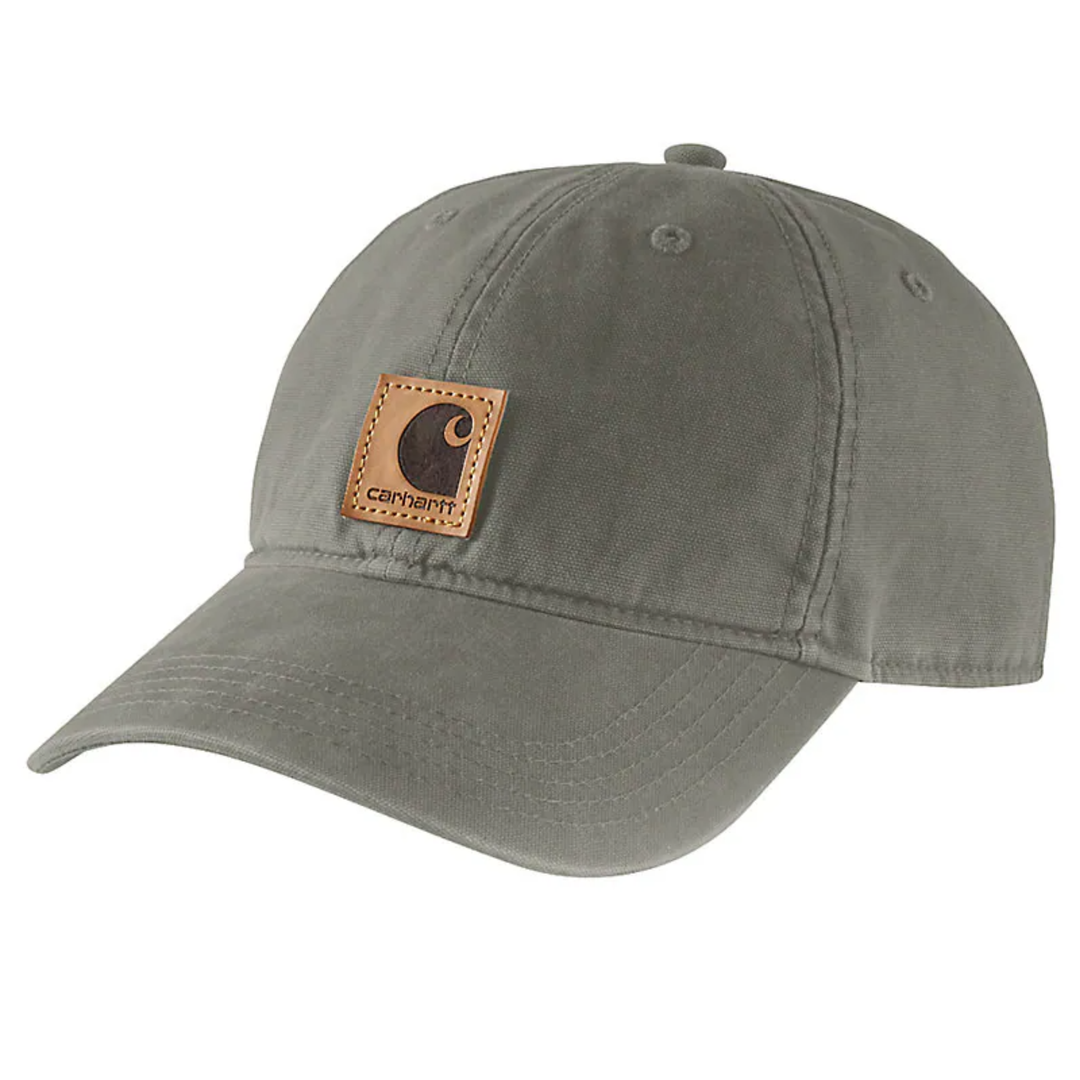 Olive baseball cap with a stitched logo patch and curved brim
