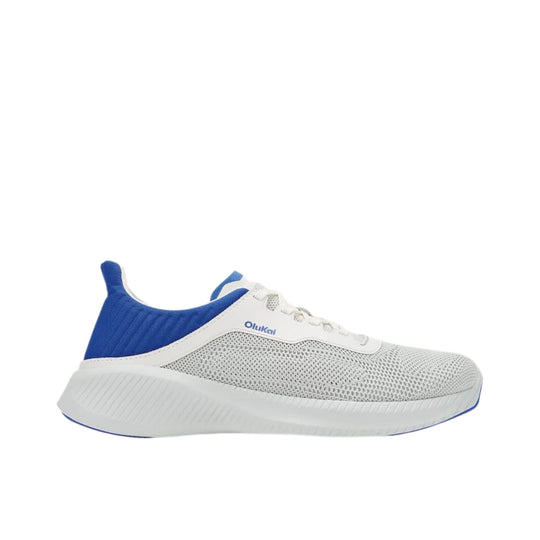 White mesh athletic sneaker with blue heel and side logo