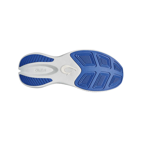 White and blue shoe outsole with textured rubber tread and embossed Olukai logo