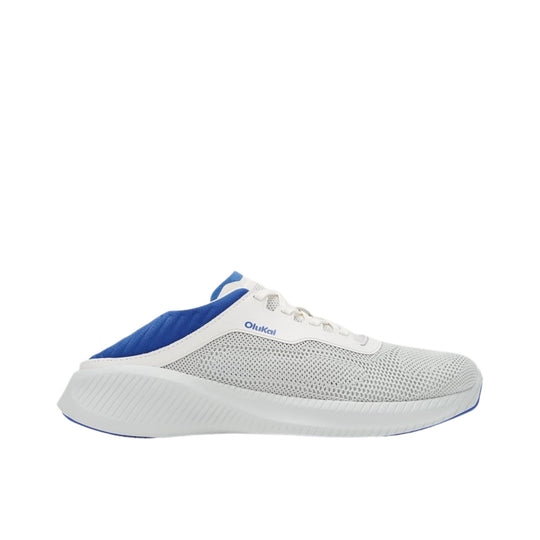 White mesh sneaker with blue heel panel and white sole, shown in side view.