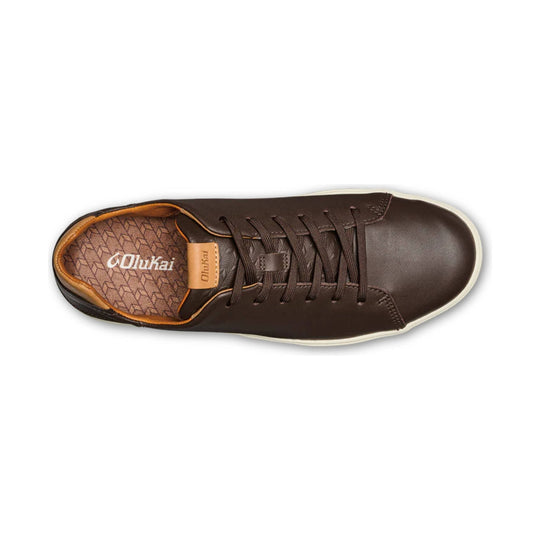 Brown low-top lace-up sneaker with tan collar trim and patterned insole