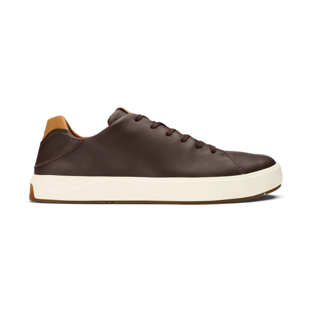 Brown low-top leather sneaker with cream platform sole and tan heel tab