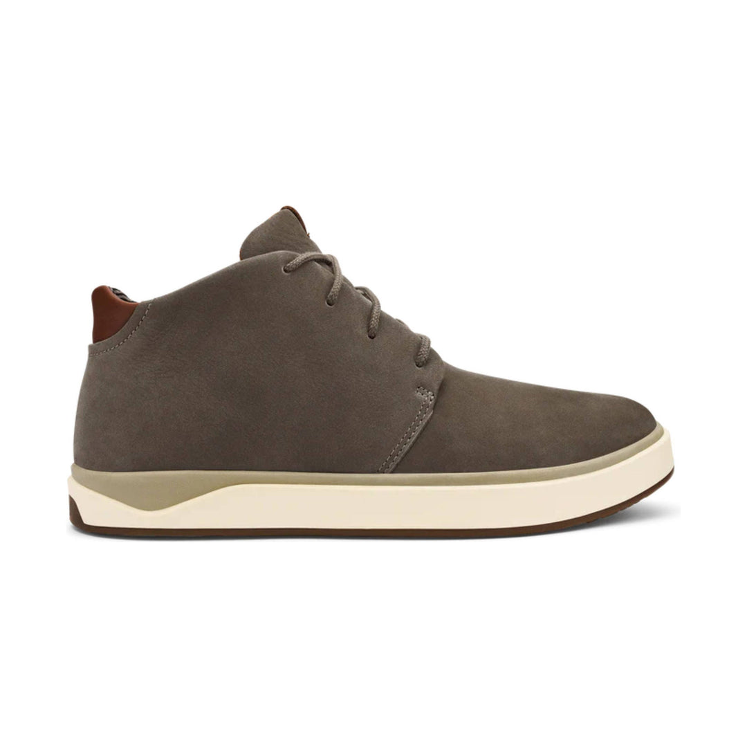 Brown ankle boot with lace-up front, suede-like upper, and cream sole, side view