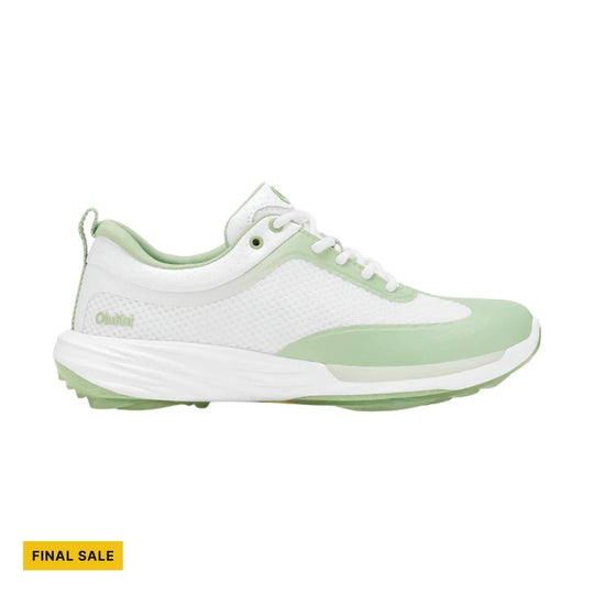 White and mint green low-profile golf shoe with laces and textured side panels