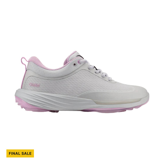 White and pink low-top golf shoe with laces and a thick sole, shown in side view. FINAL SALE.