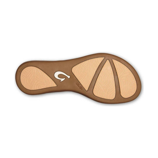 Brown and tan sandal outsole with segmented tread pattern and OluKai logo