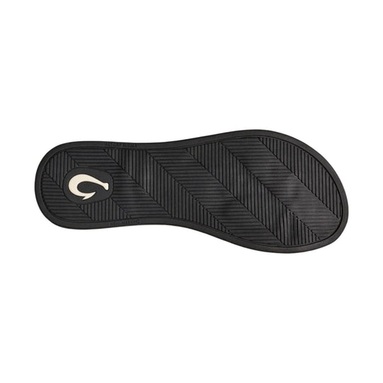 Black rubber sandal outsole with herringbone tread and a logo in the heel