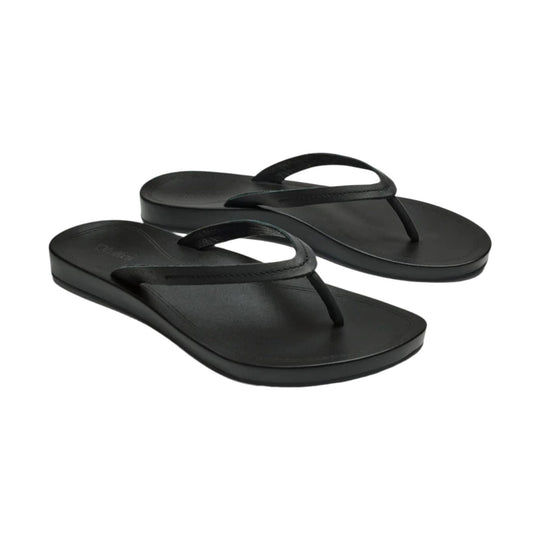 Black thong sandals with thick wedge soles and leather straps