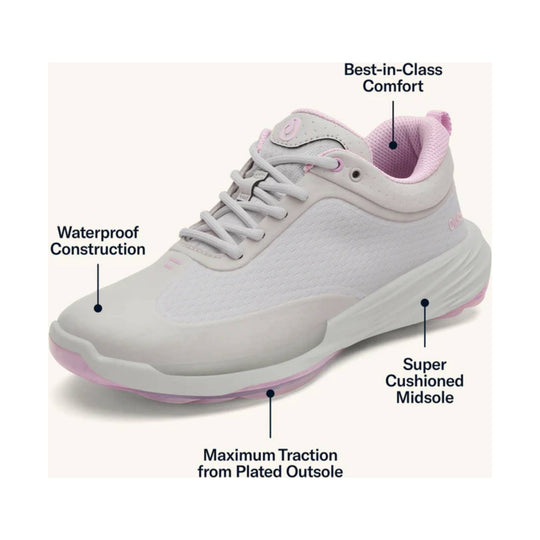 White waterproof golf shoe with pink interior, lace-up front, and cushioned sole