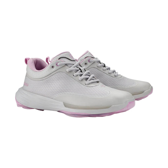 White and light gray golf shoes with pink accents and laces, shown in side view