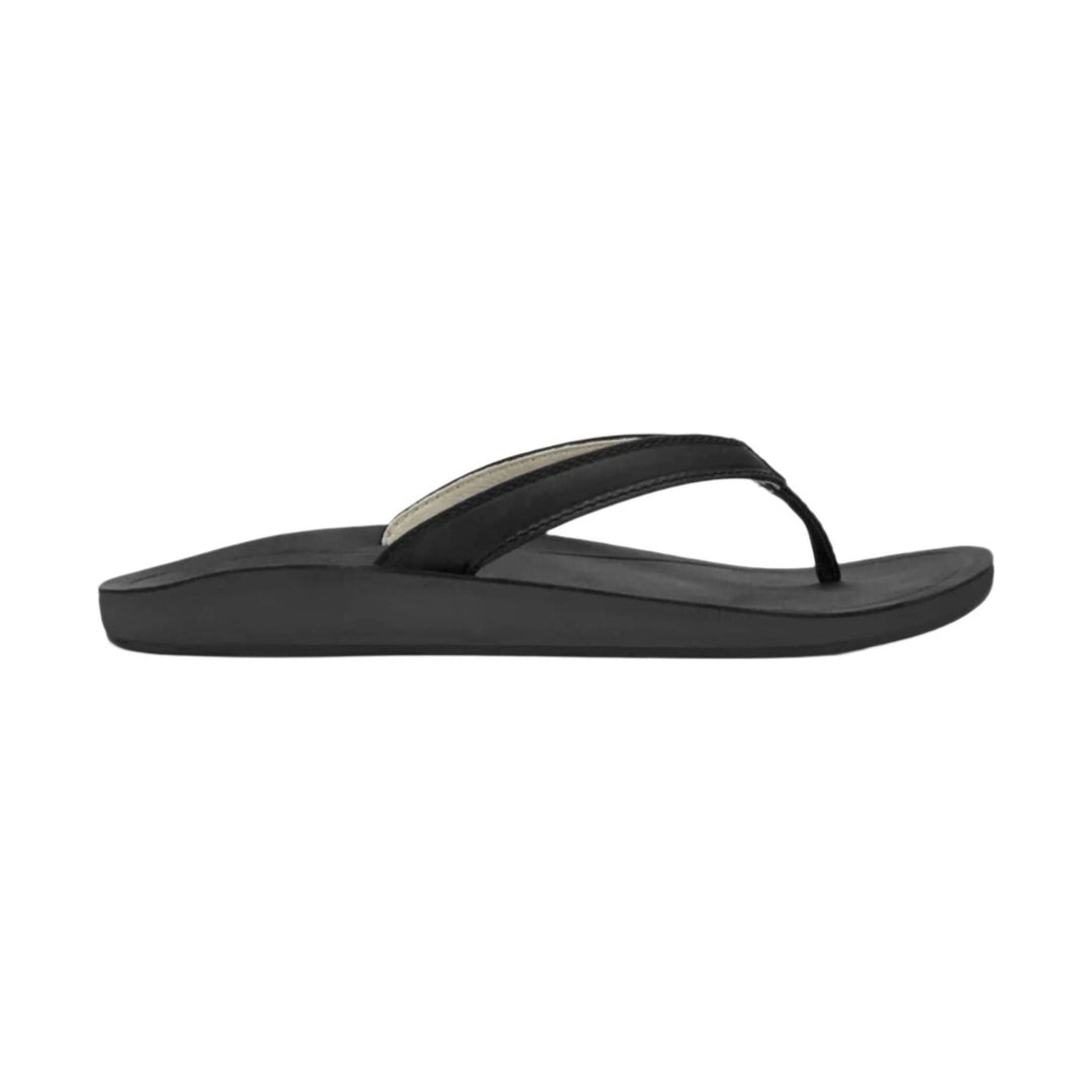 Black thong sandal with a wedge sole and a light-colored accent strap