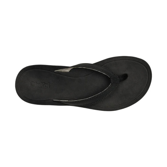 Black thong sandal with embossed logo on the footbed