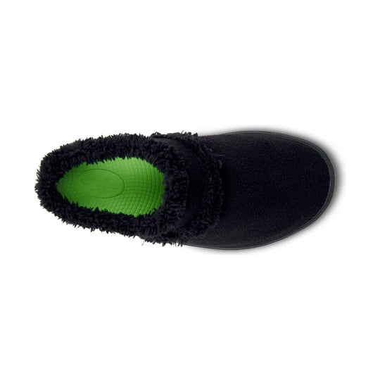 Black fuzzy mule slipper with a bright green insole, shown from above