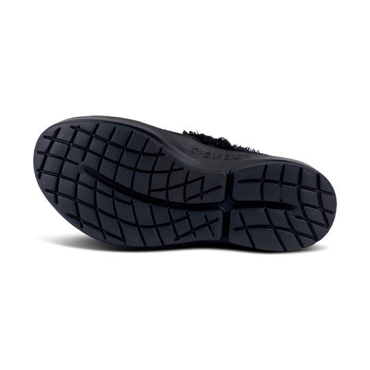Black backless slip-on shoe with a closed toe and thick molded sole