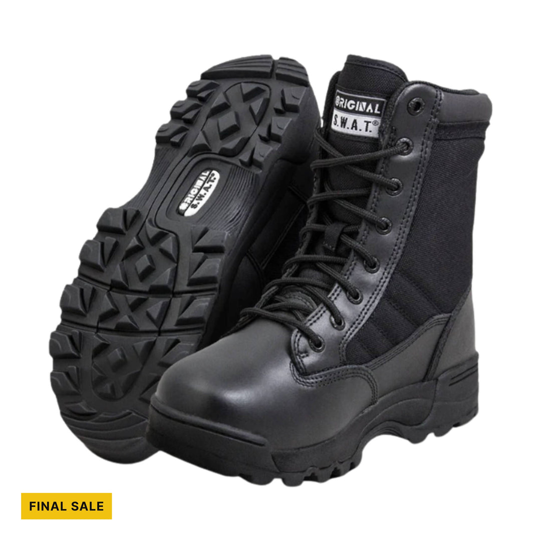 Black lace-up tactical work boots with rugged tread and visible S.W.A.T. label