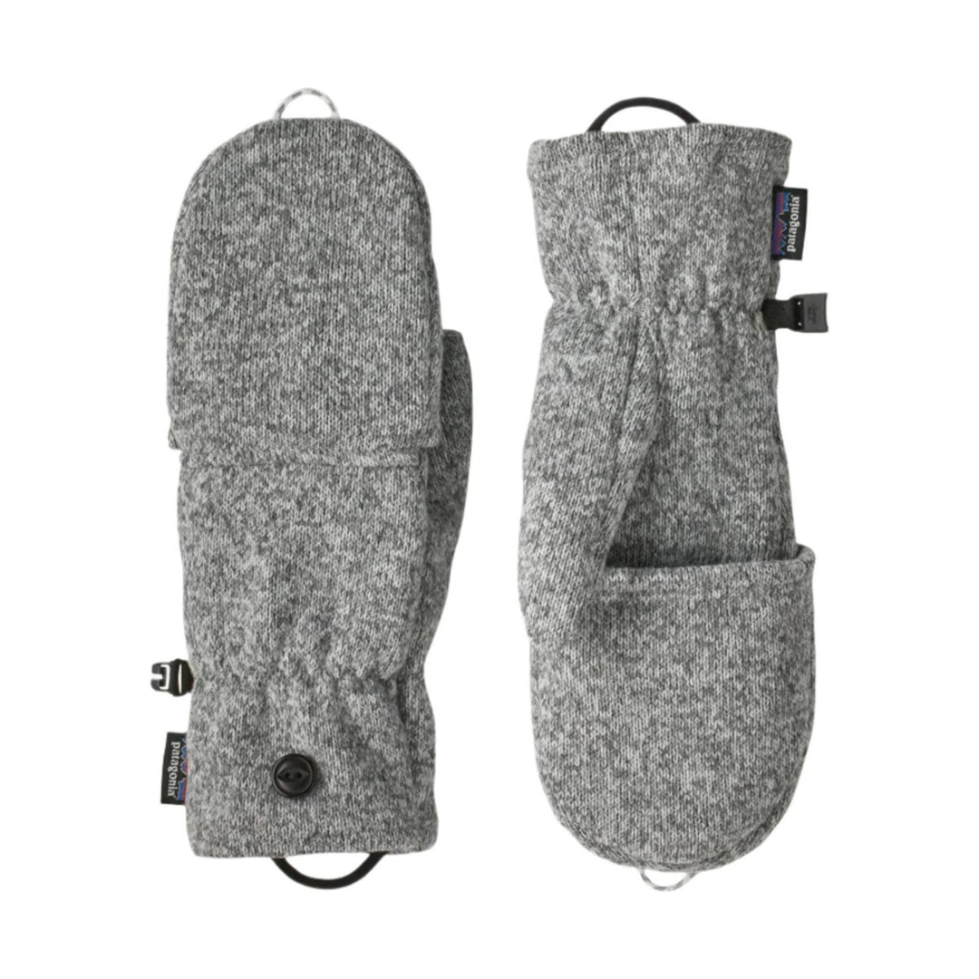 Gray knit fleece gloves shown from front and back, with cuff loop and snap closure