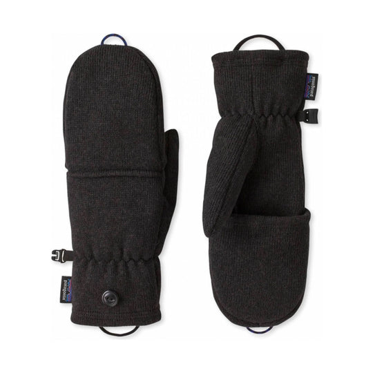 Black knit mittens with wrist loops and snap closures, shown front and back