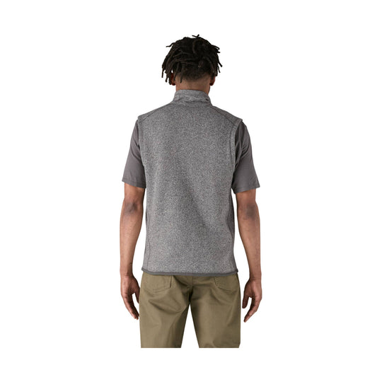 Gray heathered fleece vest shown from the back over a short-sleeve shirt
