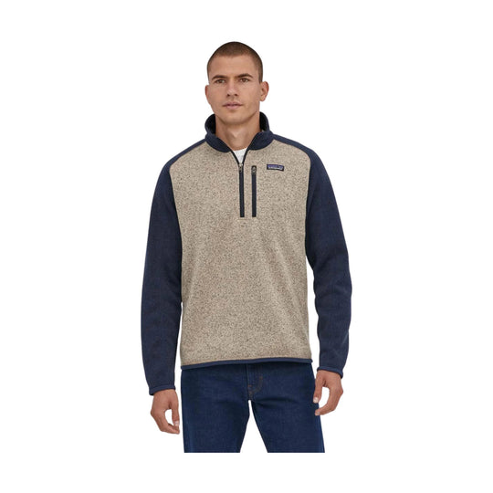Speckled quarter-zip fleece pullover with navy sleeves and collar