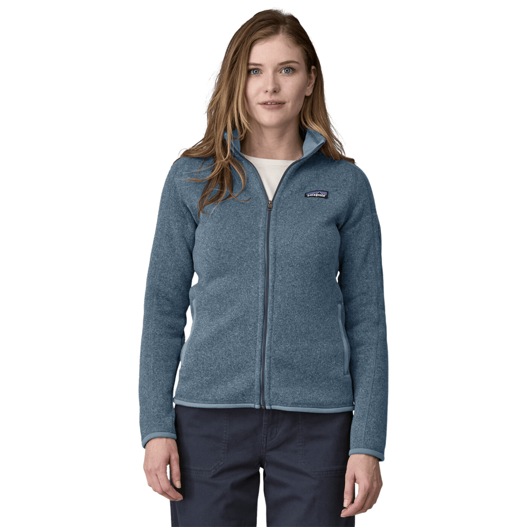 Blue zip-front fleece jacket with stand collar and chest logo