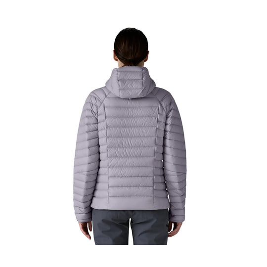 Light gray quilted hooded puffer jacket shown from the back