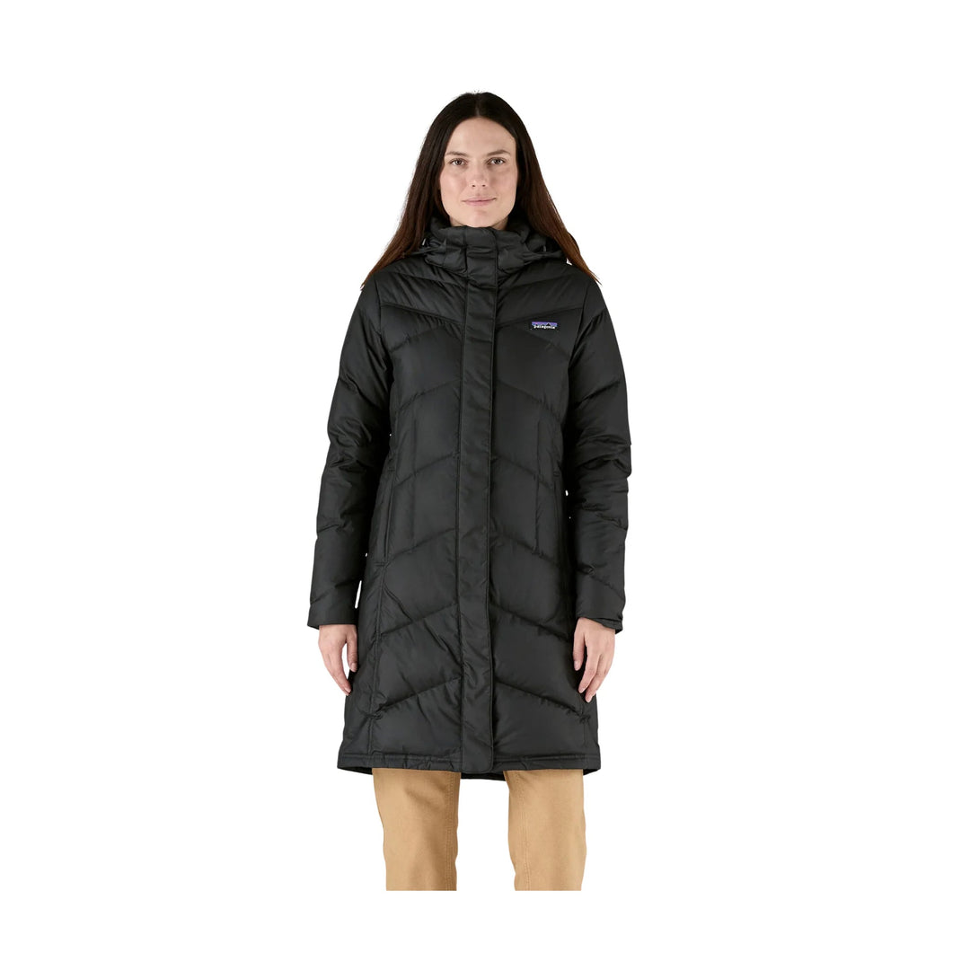 Black hooded long puffer coat with front zipper and small chest logo