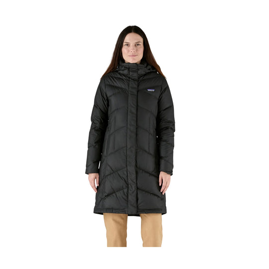 Black hooded long puffer coat with front zipper and small chest logo