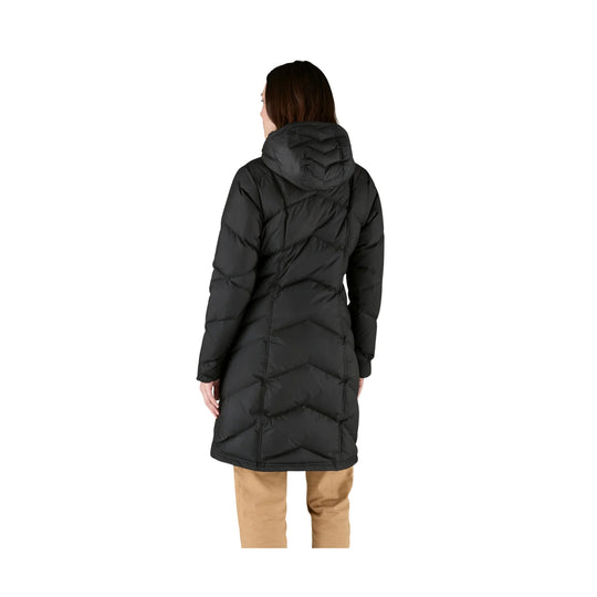 Black hooded quilted long puffer coat shown from the back