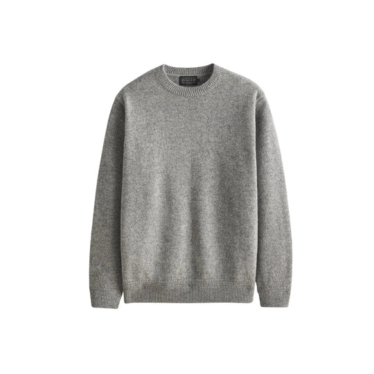 Light gray crewneck sweater with ribbed collar, cuffs, and hem