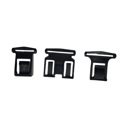 Black plastic suspender clips shown in three views on a white background