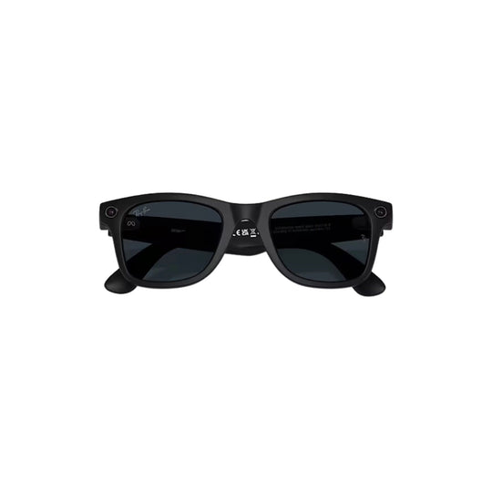 Black square sunglasses with dark lenses and visible side camera details