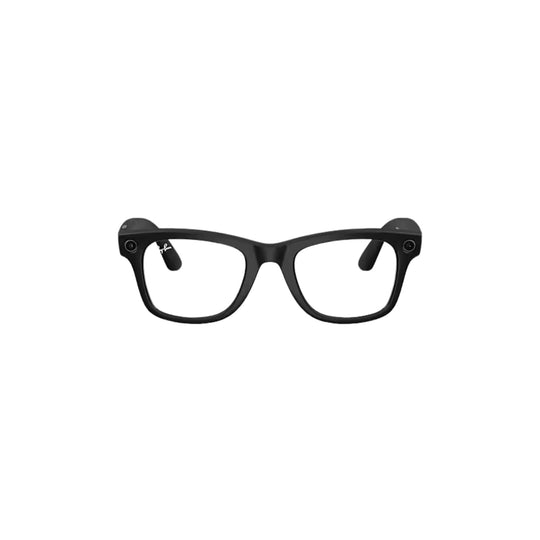 Black rectangular eyeglass frames with round camera lenses at the temples